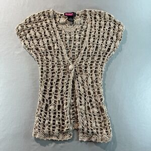 Say What? XS Tan Crochet Knit‎ Open Cardigan Vest Boho Festival Layering Top